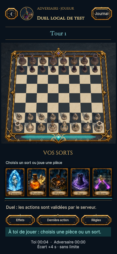 Capture de développement de CheckMess montrant un échiquier et des cartes de jeu